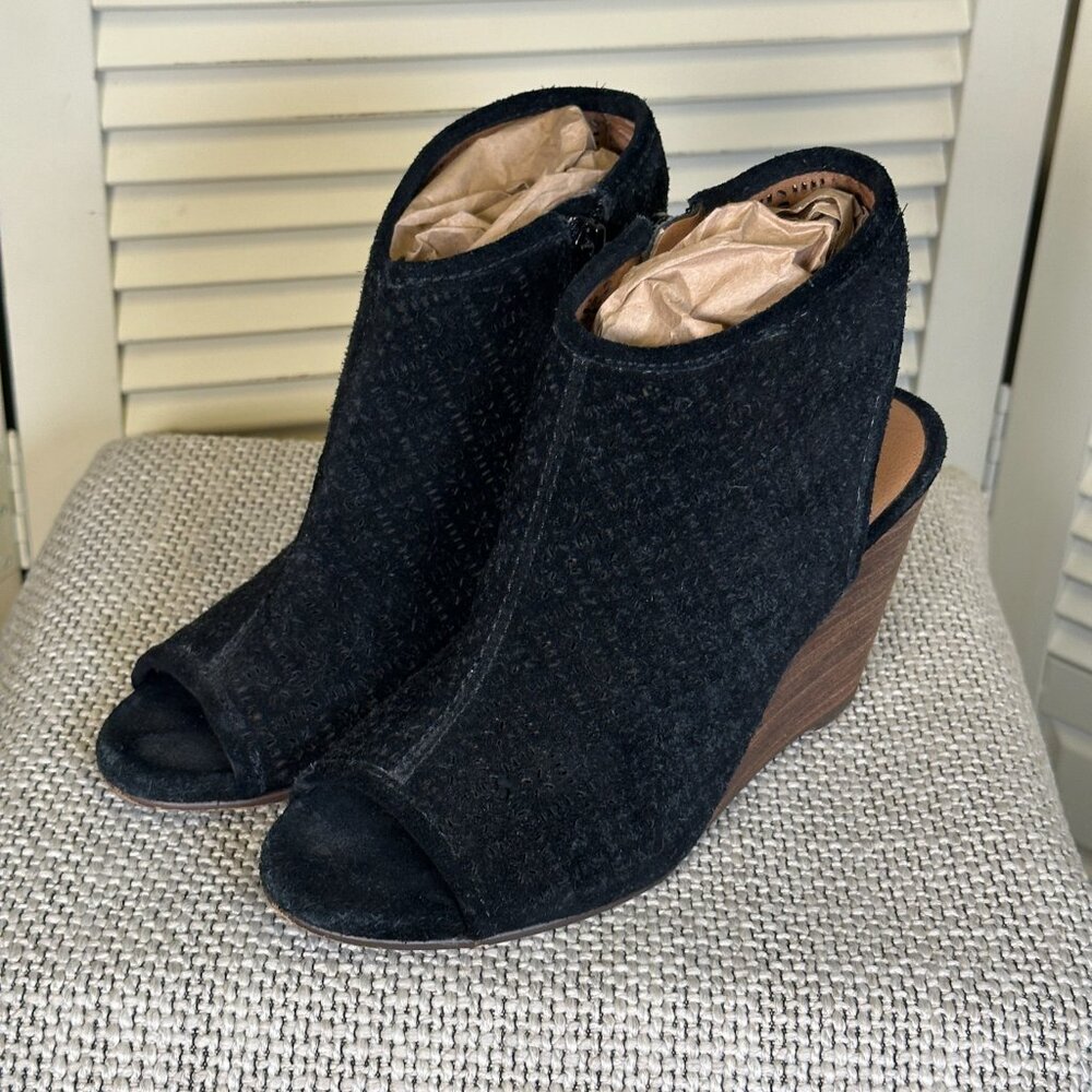 Lucky Brand Black Suede Cutout‎ Wedge Booties • Peep Toe Heels • Women’s Size 8